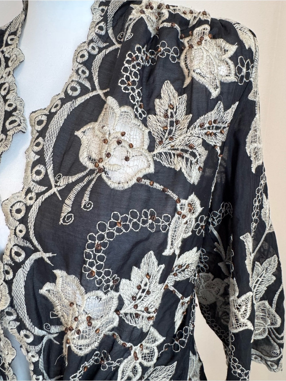 Alberto Makali Silk Cotton Embroidered Floral Tie-Front Top Boho M - Picture 2 of 7